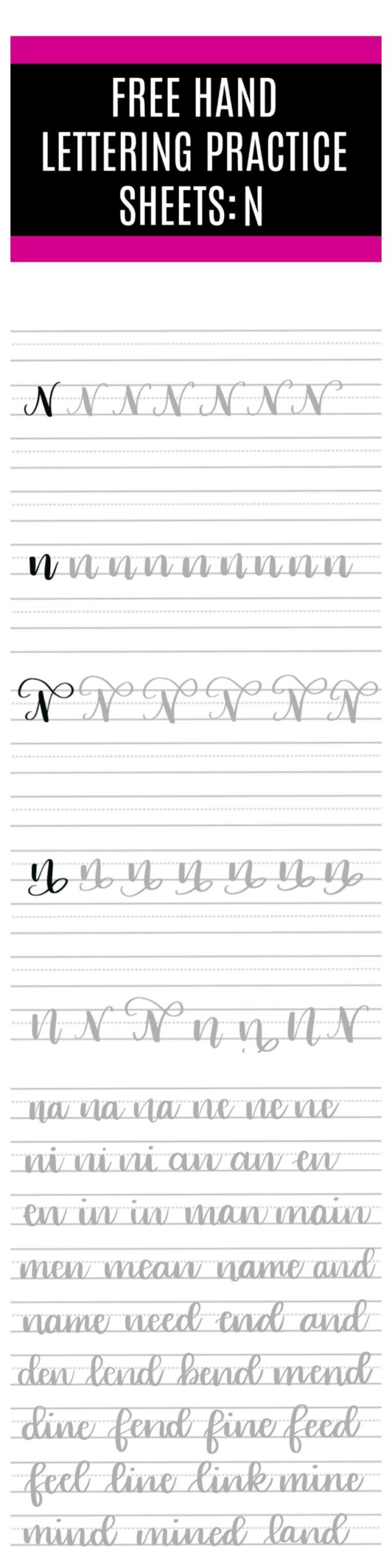 Free Hand Lettering Practice Sheets: N - Amy Latta Creations