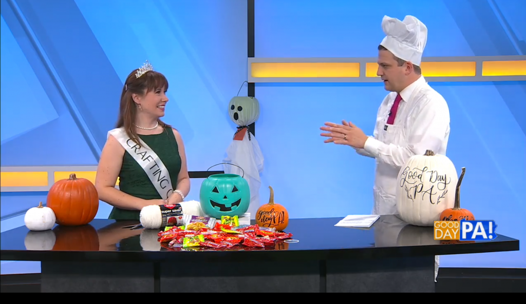 Image contains Amy wearing a Crafting Queen costume on Good Day PA.
