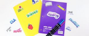Image contains hand drawn stickers on a folder and notebook, and three markers.