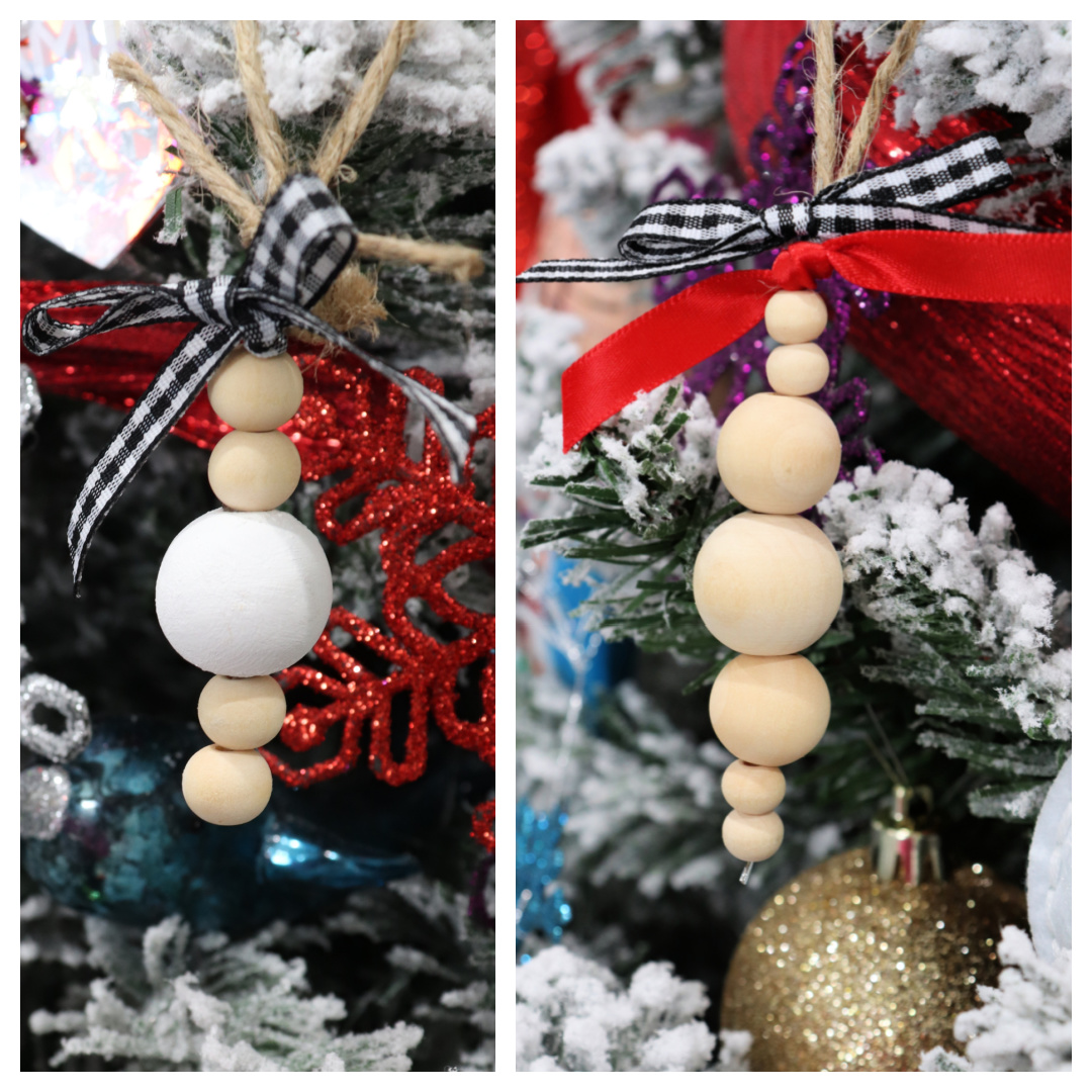 Image contains two wooden bead ornaments.