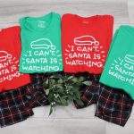 Image contains four sets of matching holiday pajamas.