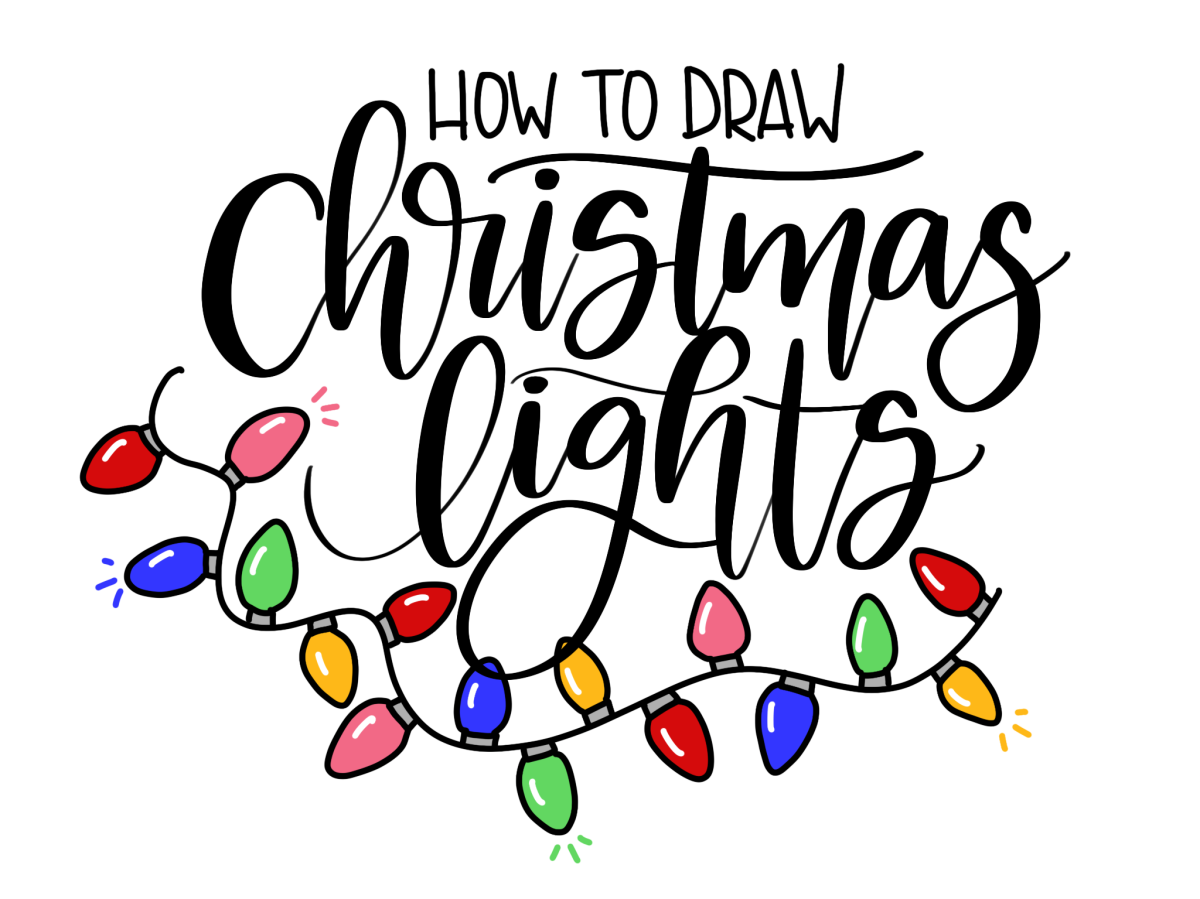 Image contains the text, "how to draw Christmas lights," and a strand of colored hand drawn lights.