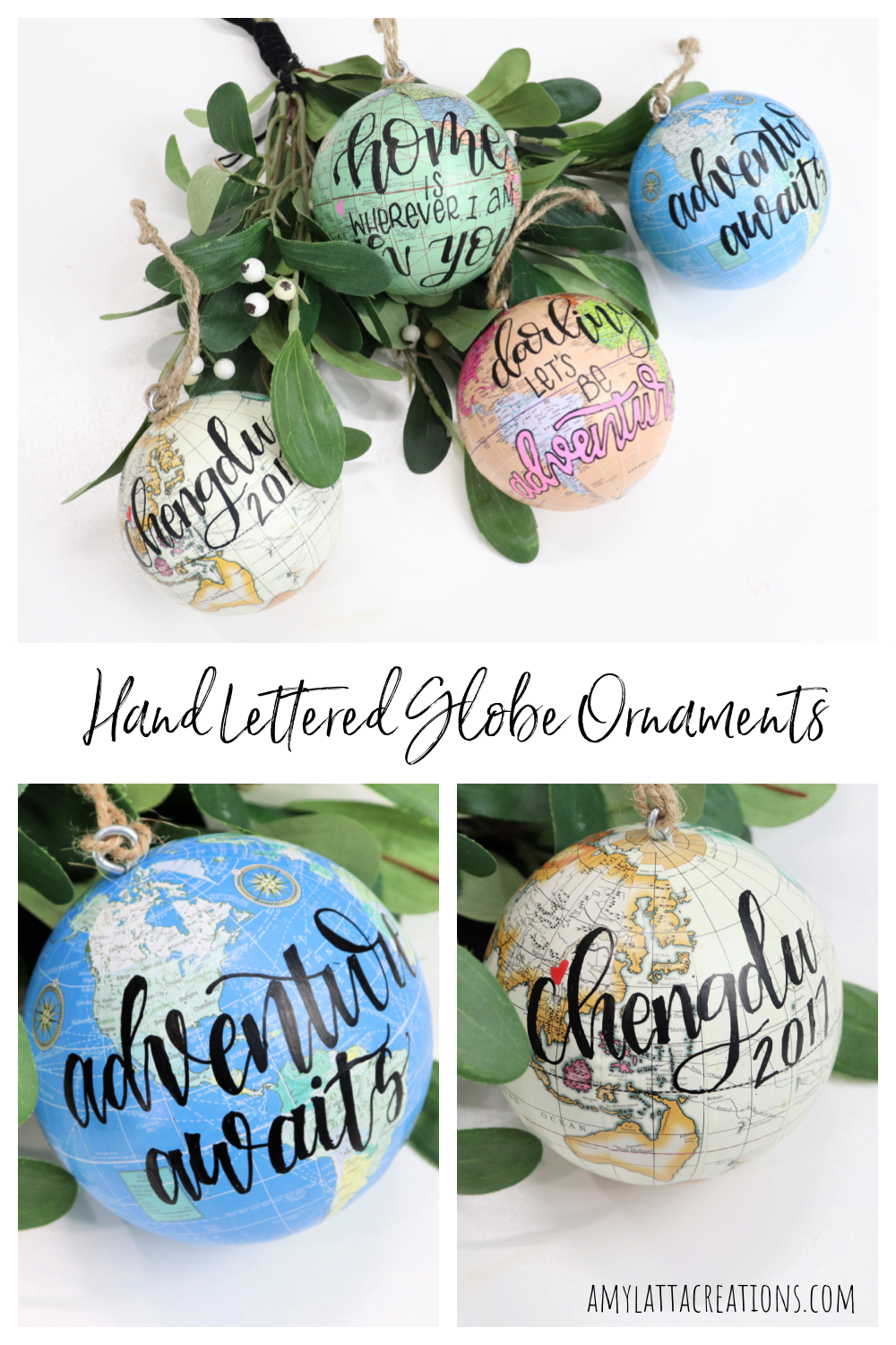 Image is a collage of hand lettered globe ornaments.