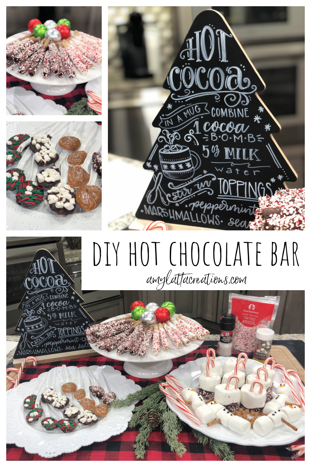 Image is a collage of a hot chocolate bar.