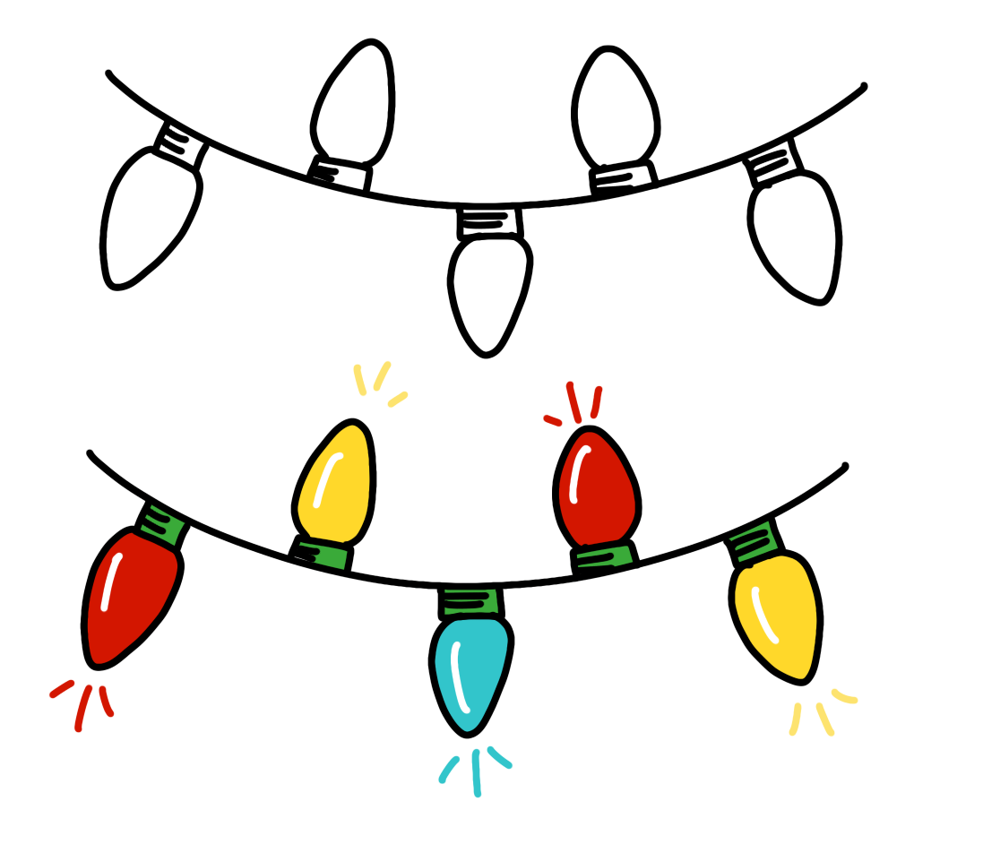 Image contains two strands of hand drawn Christmas lights, one outlined and one colored in red, yellow, blue, and green.