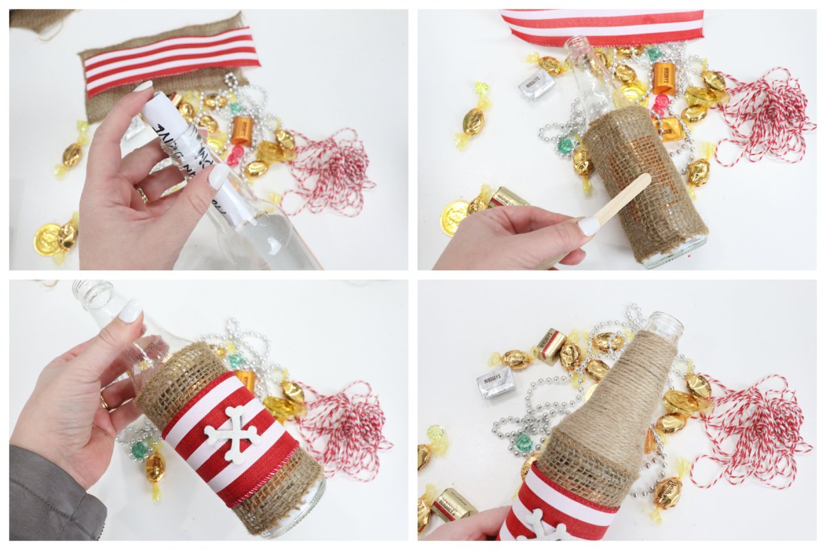 This image is a collage of the steps involved in creating a message in a bottle party invitation.