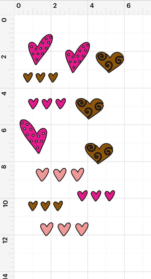 Image contains assorted styles, sizes, and colors of heart designs in the Cricut Design Space app.