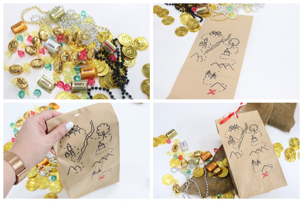 This image is a collage showing the steps for making a treasure map favor bag.
