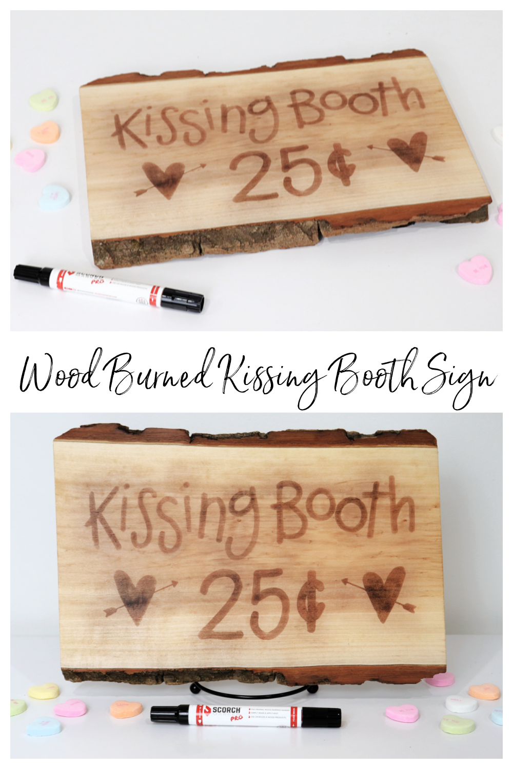 Image is a collage of images featuring a wood burned kissing booth sign.