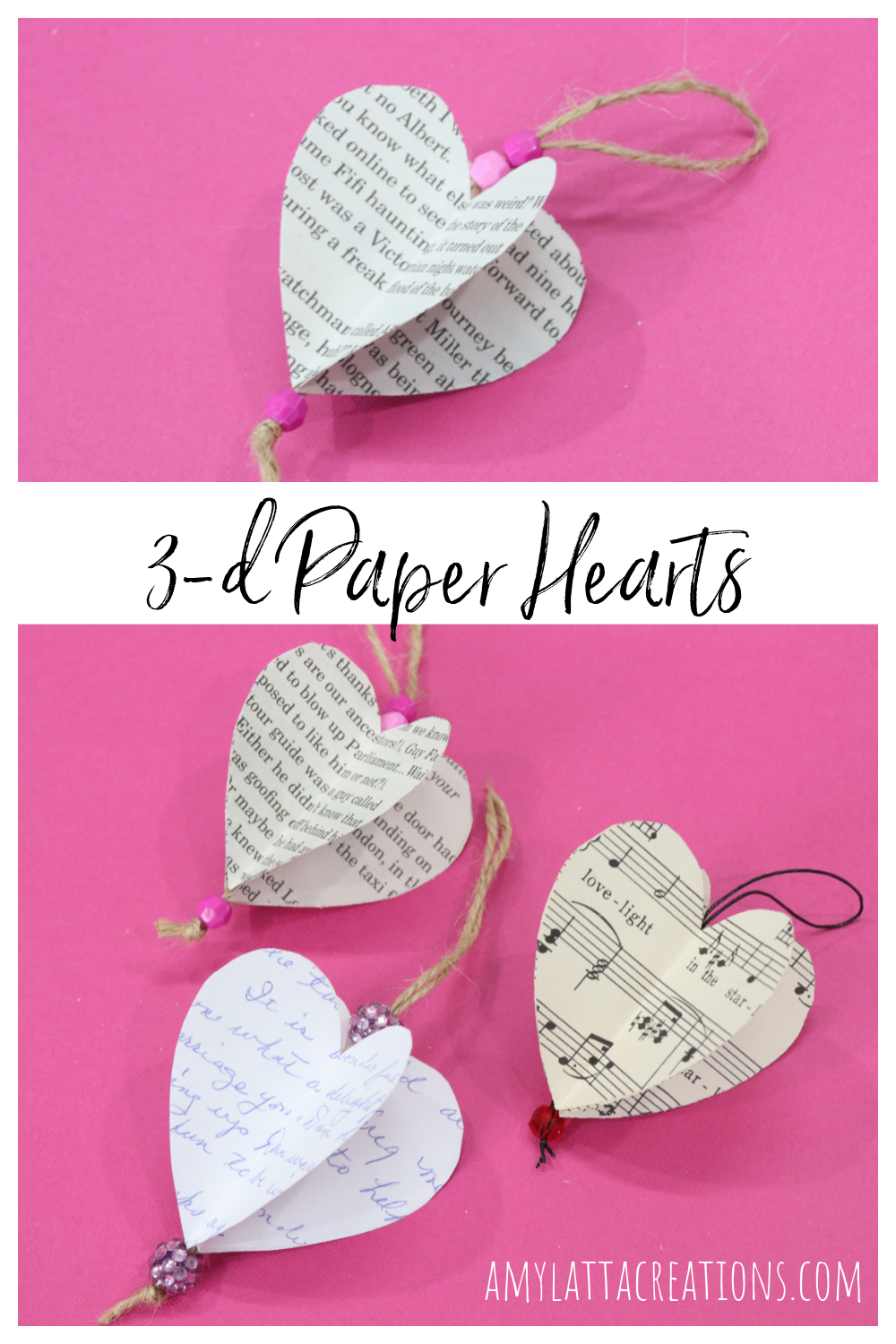 Image contains a collage of 3-D Paper hearts on a pink background.