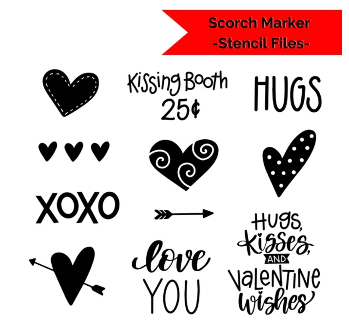 Image is a collage of 11 Valentine stencil designs, including a variety of hearts, an arrow, and some phrases.
