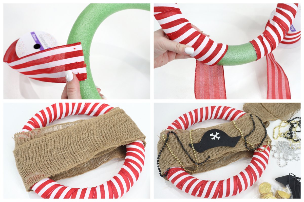 This image is a collage of the steps involved in creating a pirate theme wreath.