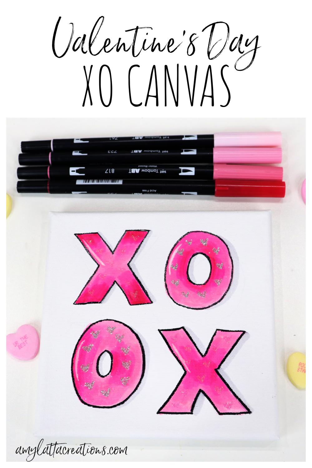 Image contains a square canvas with pink "xo" letters and four markers.
