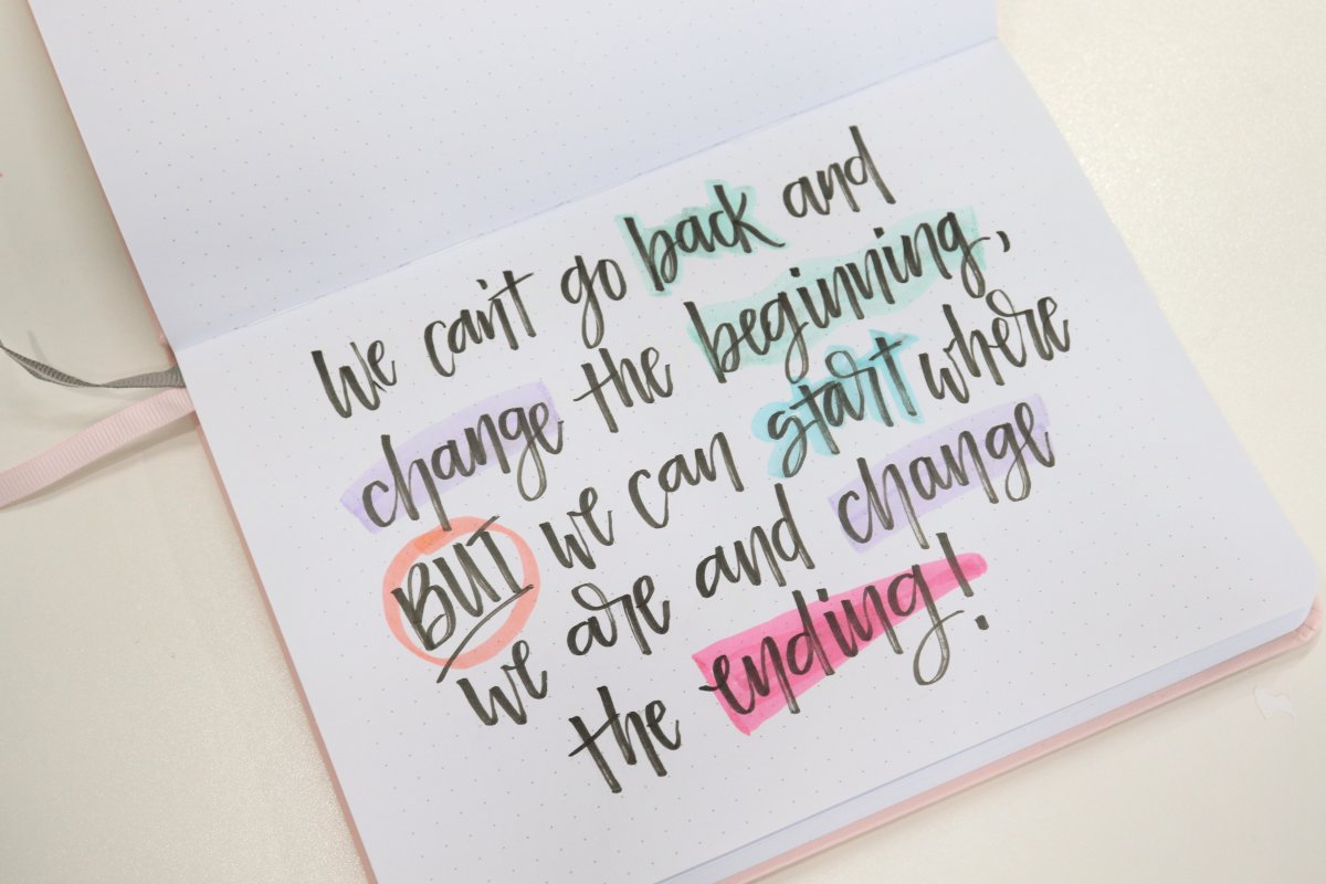 Image contains a hand lettered quote with some words accented by colored highlights.