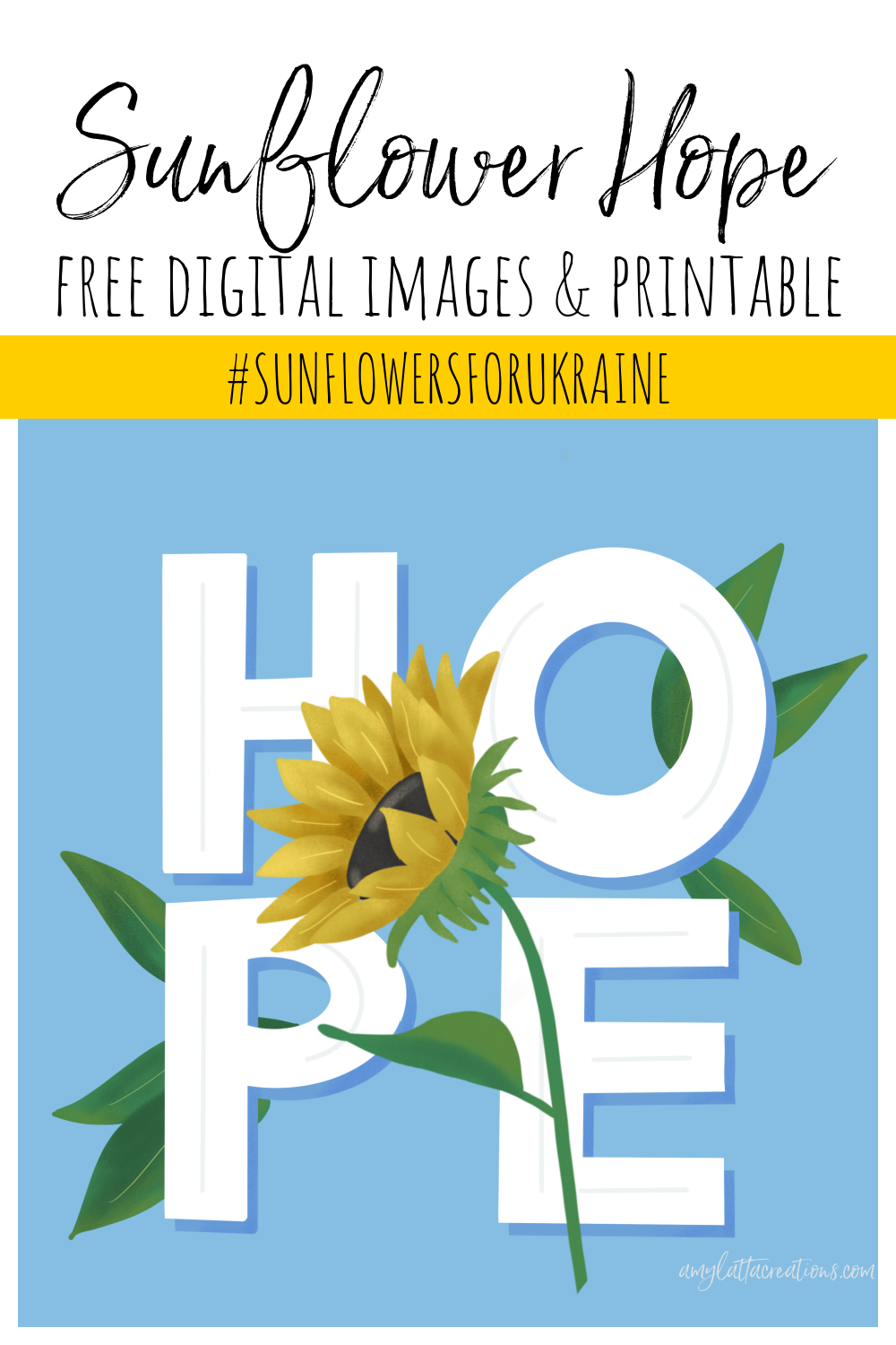 Image contains the word HOPE in white letters on a blue background with a sunflower and green leaves.