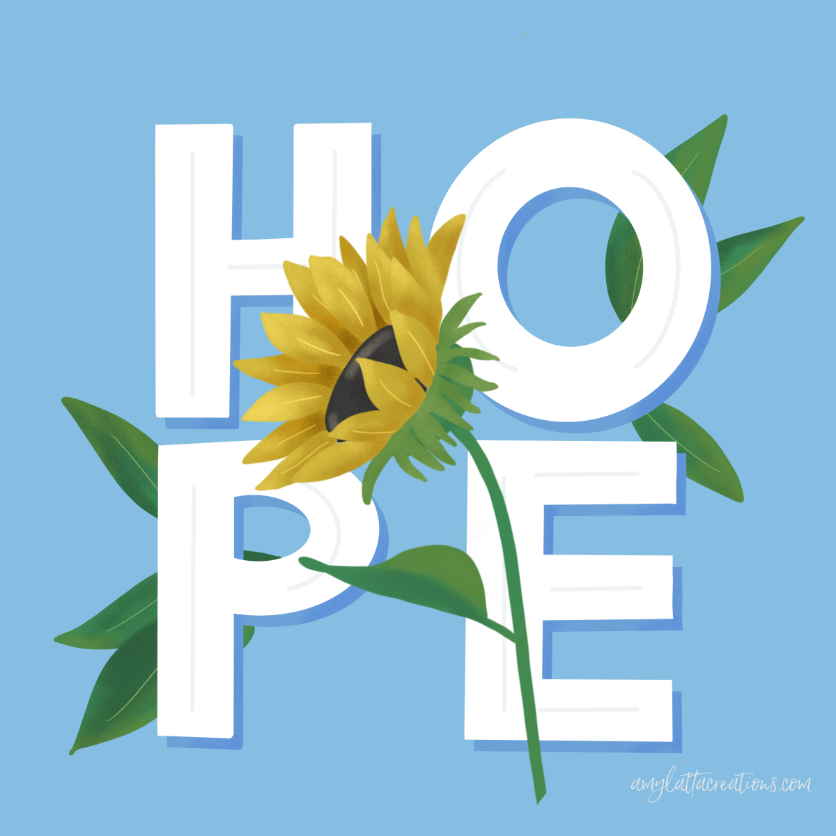 Image contains the word HOPE in white letters on a blue background with a sunflower and green leaves.