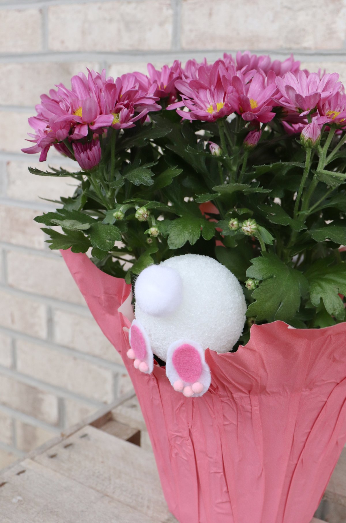Image contains a potted purple mum plant with a "bunny bottom" made of a styrofoam ball, pom pom, and felt feet sticking out of the pot.