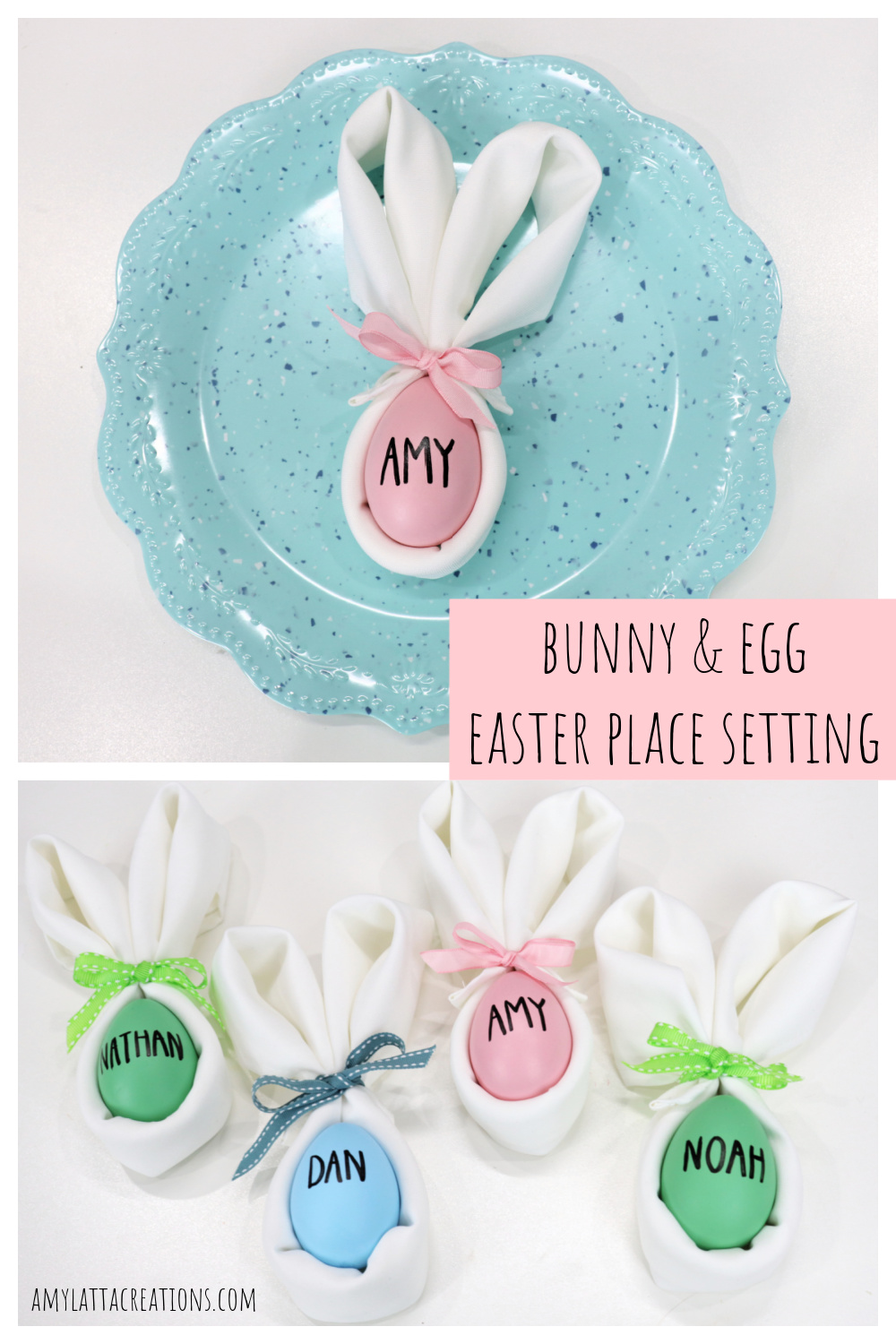 Image is a collage of bunny and egg place settings.