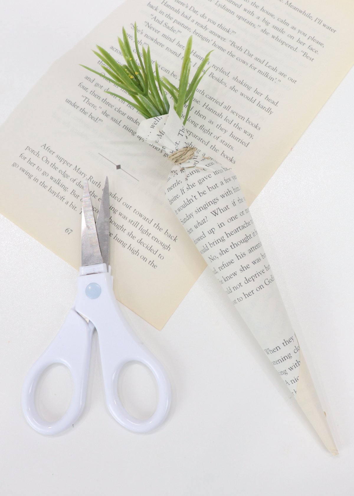 Image contains a book page, a book page carrot, and a pair of white-handled scissors on a white background.