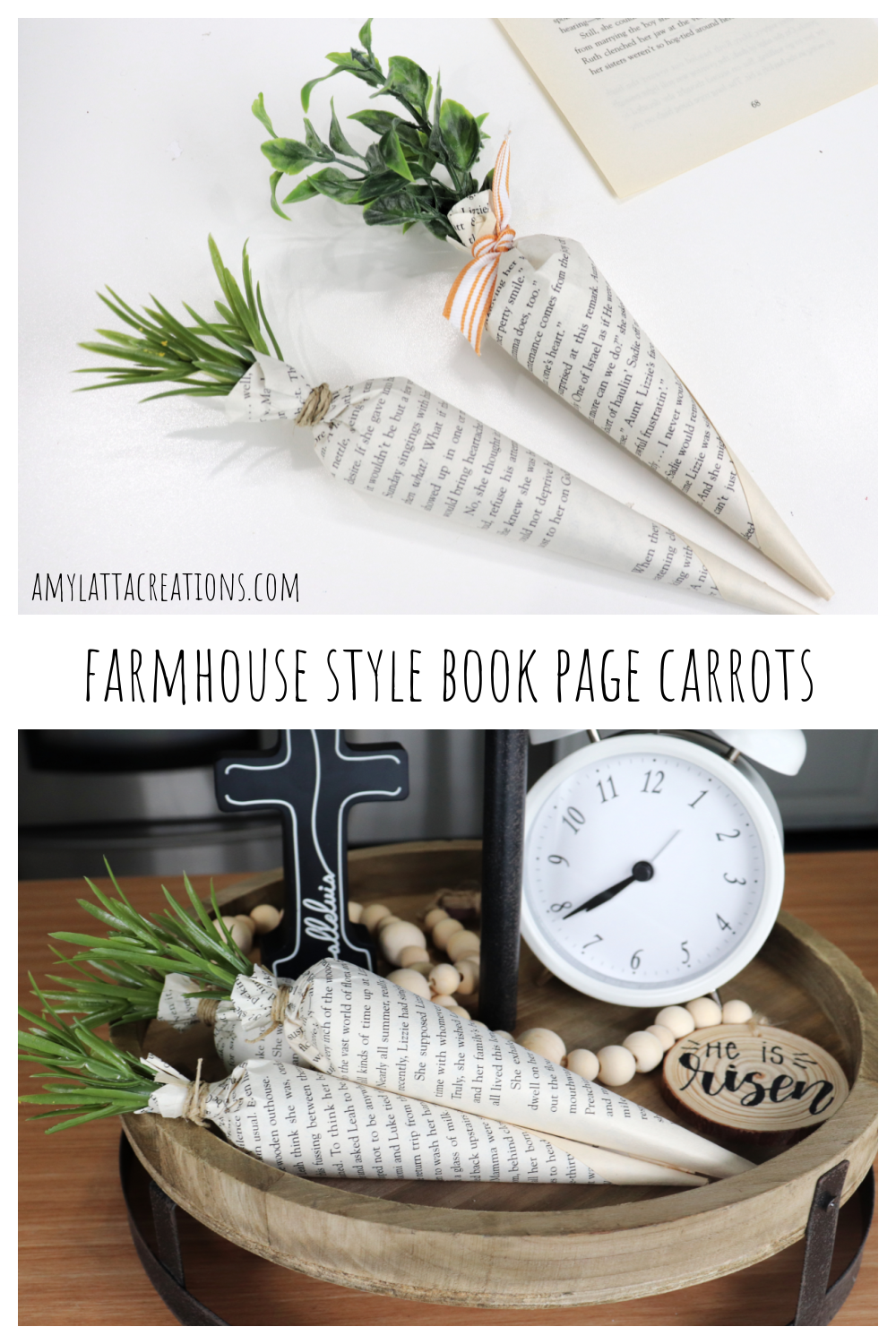Image is a collage of photos featuring book page carrots.