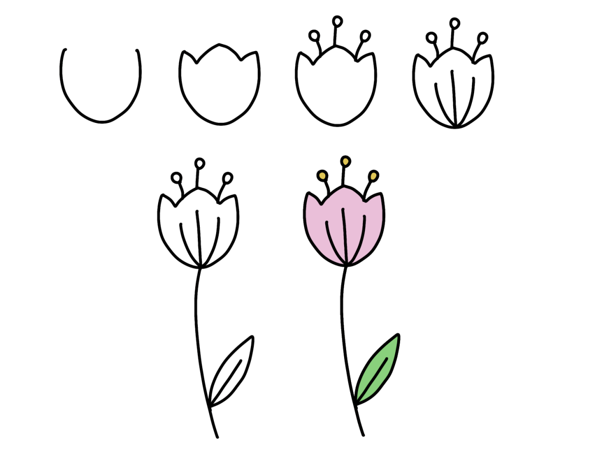 Image contains six step-by-step images for how to draw the whimsical tulip. These correspond to the written instructions in the post.