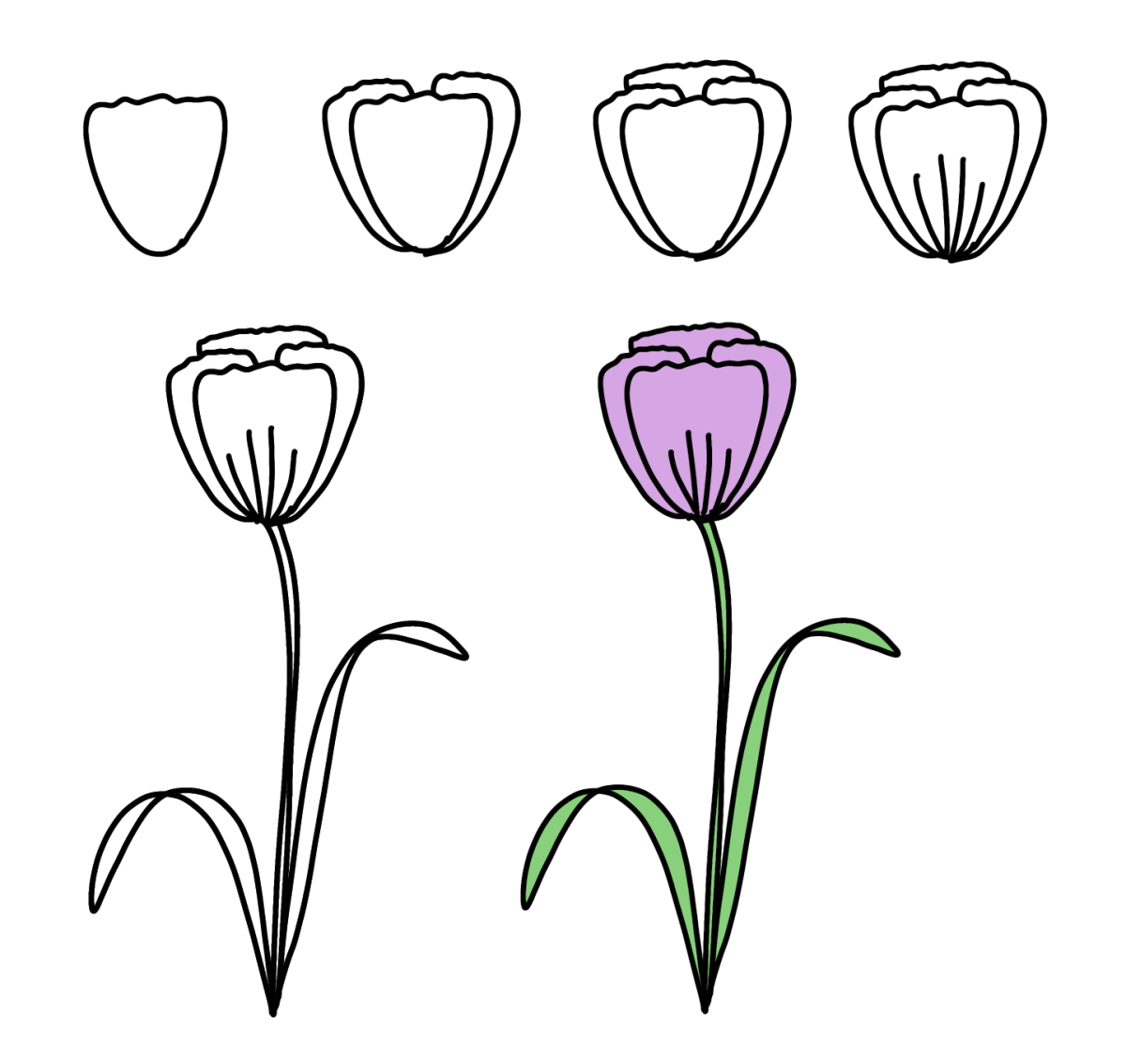 Image contains six step by step images of how to draw the closed petal flower, as described in words in the post.