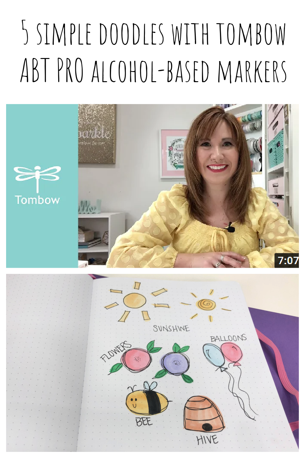 Image is a collage designed for Pinterest that includes a photo of Amy wearing a yellow shirt, the Tombow company logo, and the sketchbook page with five different doodle ideas.