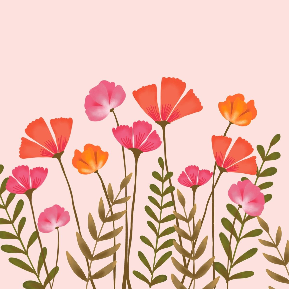 Image consists of digitally drawn flowers in shades of pink and orange, mixed with green and brown leafy vines on a blush background.