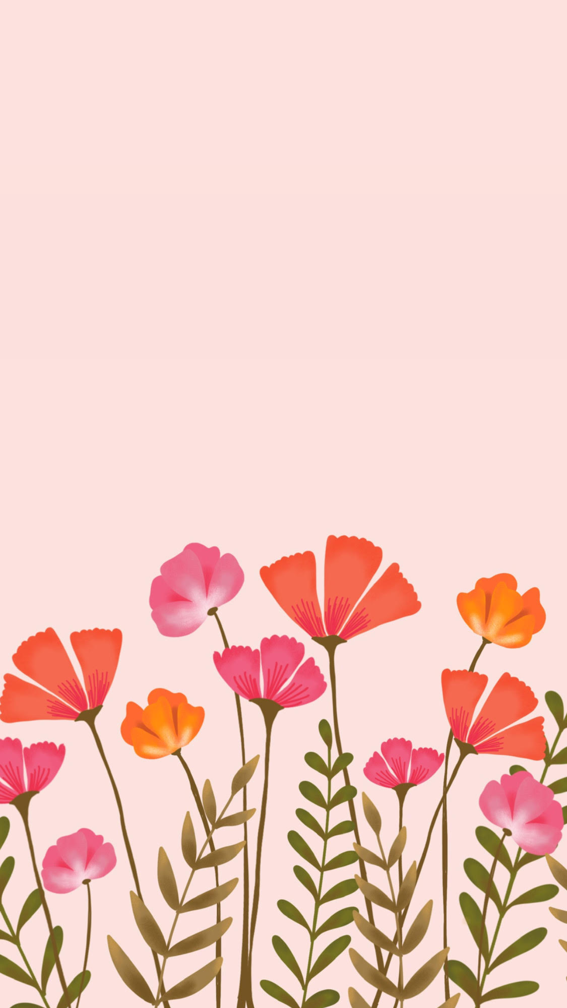 Image is a free phone wallpaper download with a blush background and digitally drawn flowers and leaves in shades of pink, orange, green, and brown.
