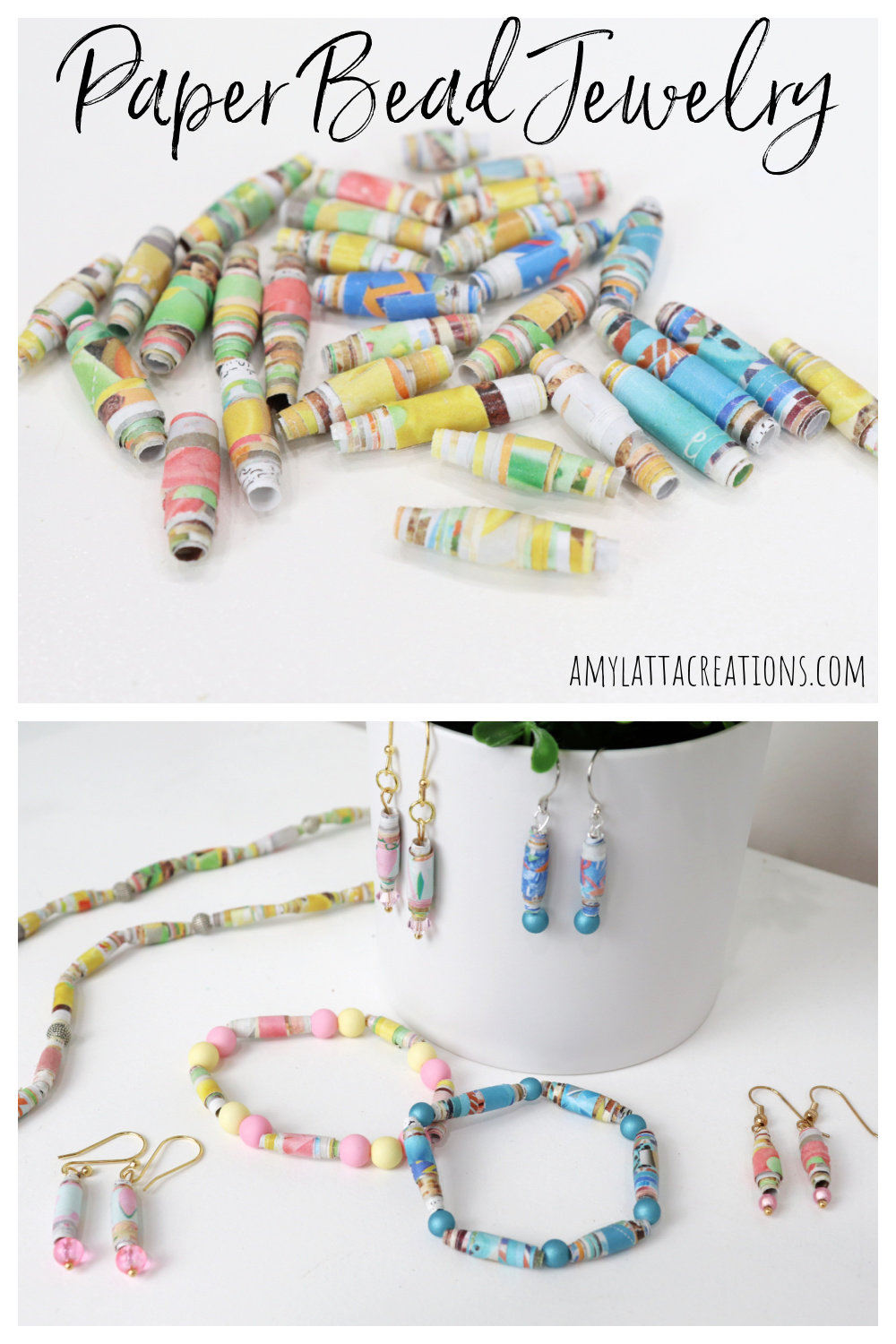 Image is a collage of rolled paper beads and jewelry made with paper beads.