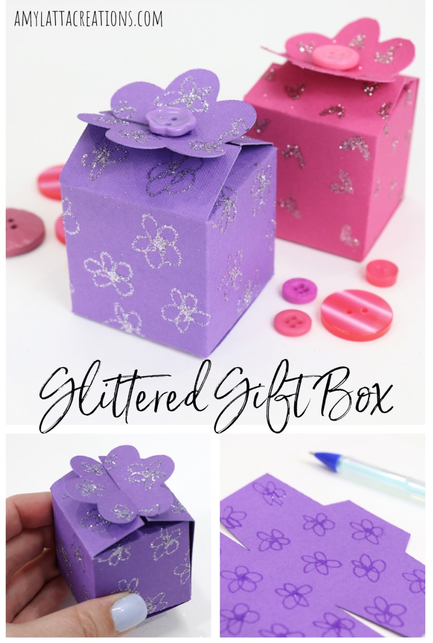 Image contains a collage of images featuring pink and purple gift boxes made from folded cardstock.