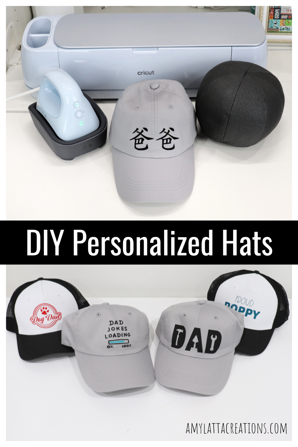 Image is a collage of personalized hats made for Father's Day.