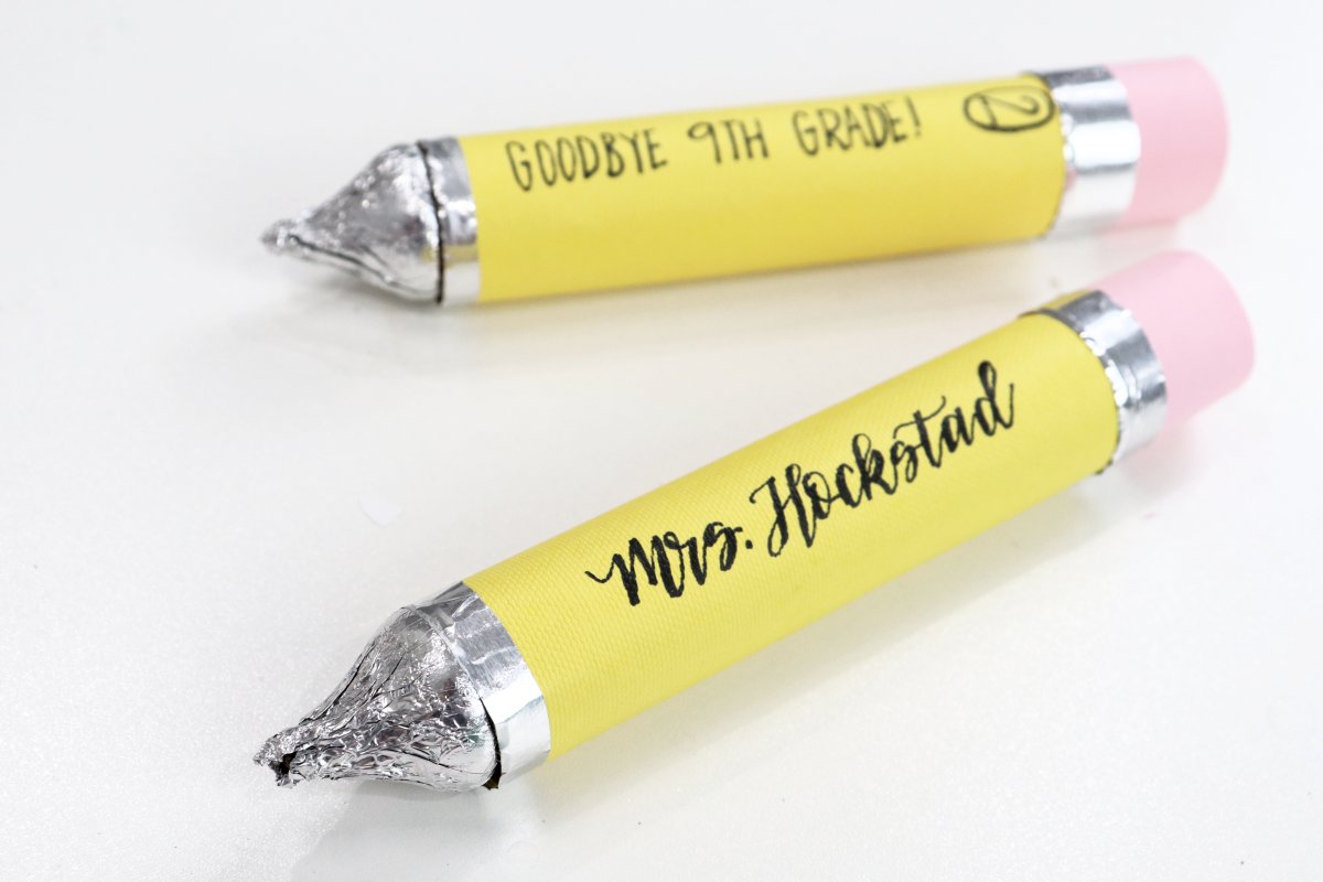 Image contains two candy pencil projects, one labeled, "Mrs. Hockstad," and one with the words, "Goodbye 9th grade!"