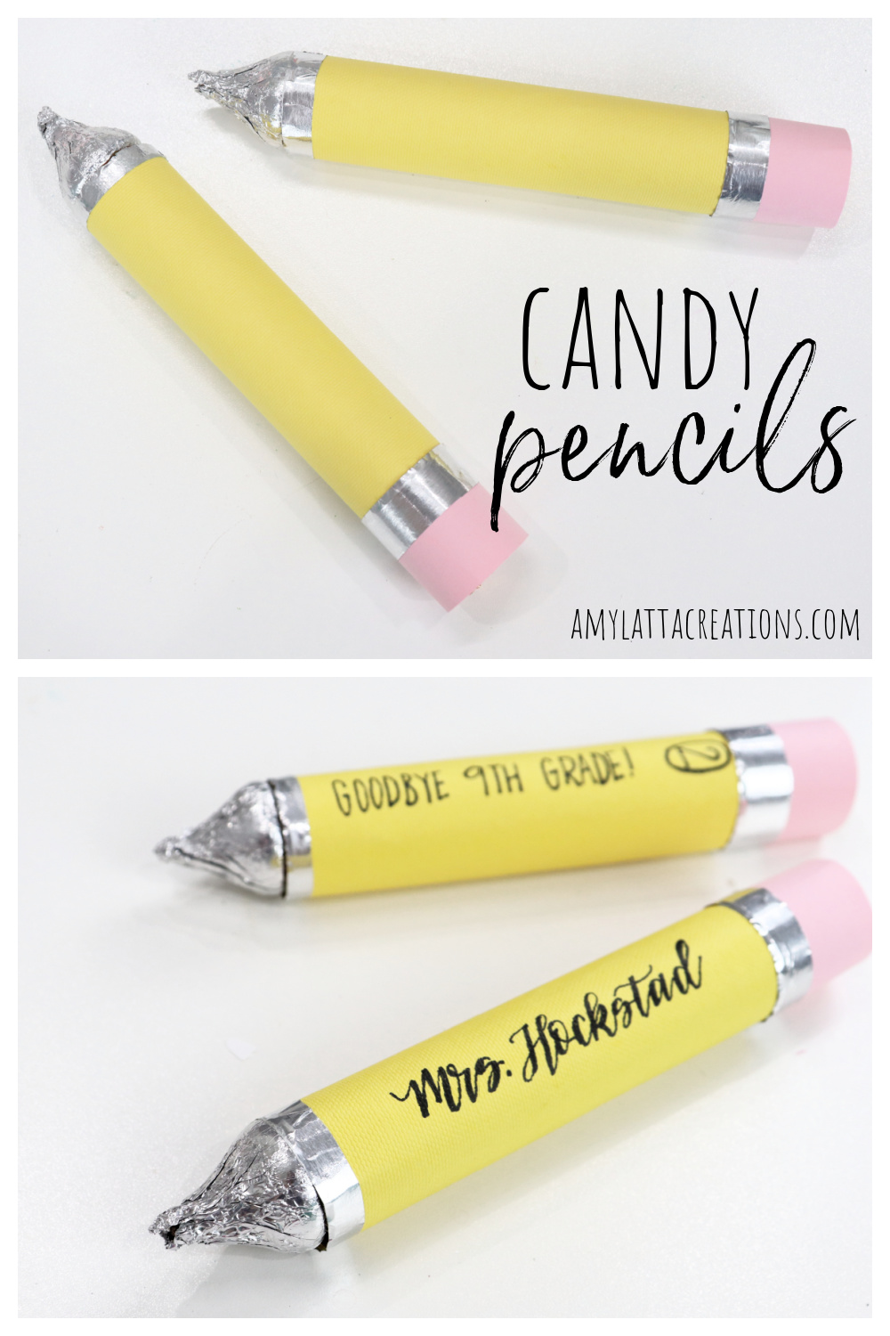 Image contains a collage of images of candy pencils designed for Pinterest.
