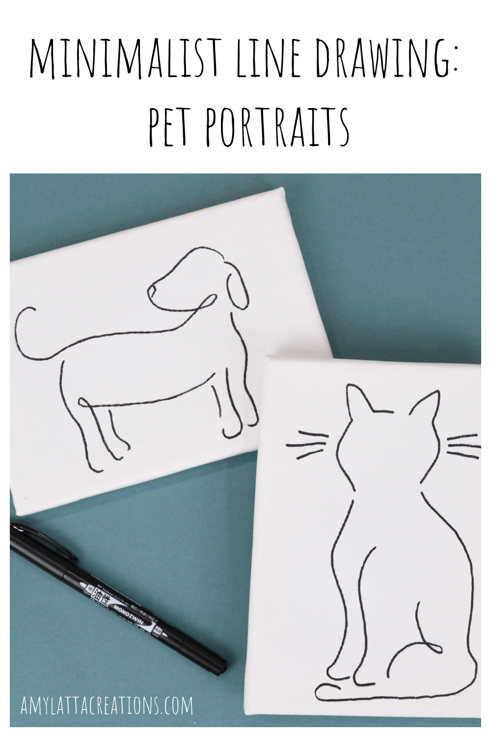 Image contains two canvases; one with a line drawing of a dog and one with a line drawing of a cat. They sit on a teal background with a black permanent marker.