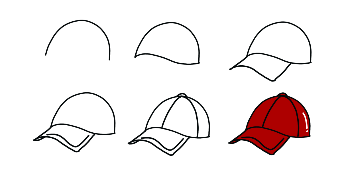 Image contains six steps for drawing a baseball hat.