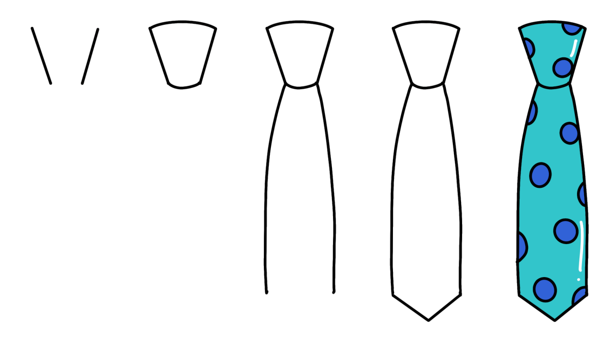 Image contains five step by step drawings to doodle a neck tie.