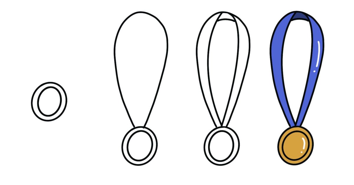 Image contains step by step illustrations for drawing a medal, as described below.