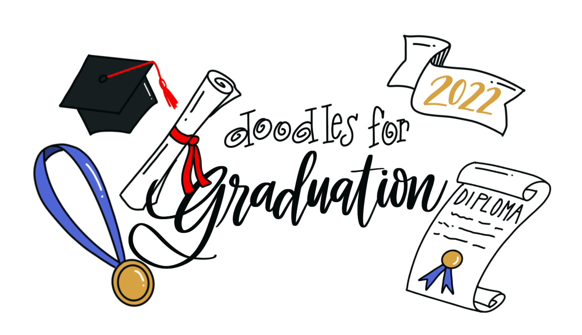 Image contains the phrase "doodles for Graduation," surrounded by hand-drawn images of a graduation cap, a rolled diploma, a medal, an open diploma, and a banner.