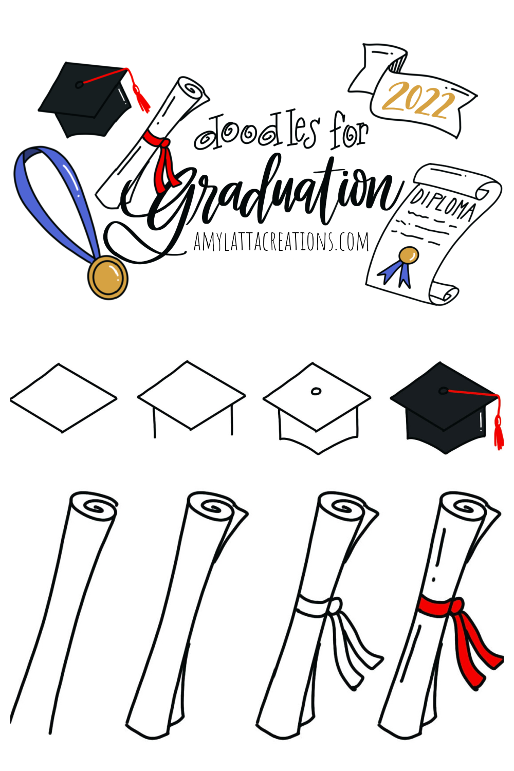 Image contains a collage of graduation themed doodles.