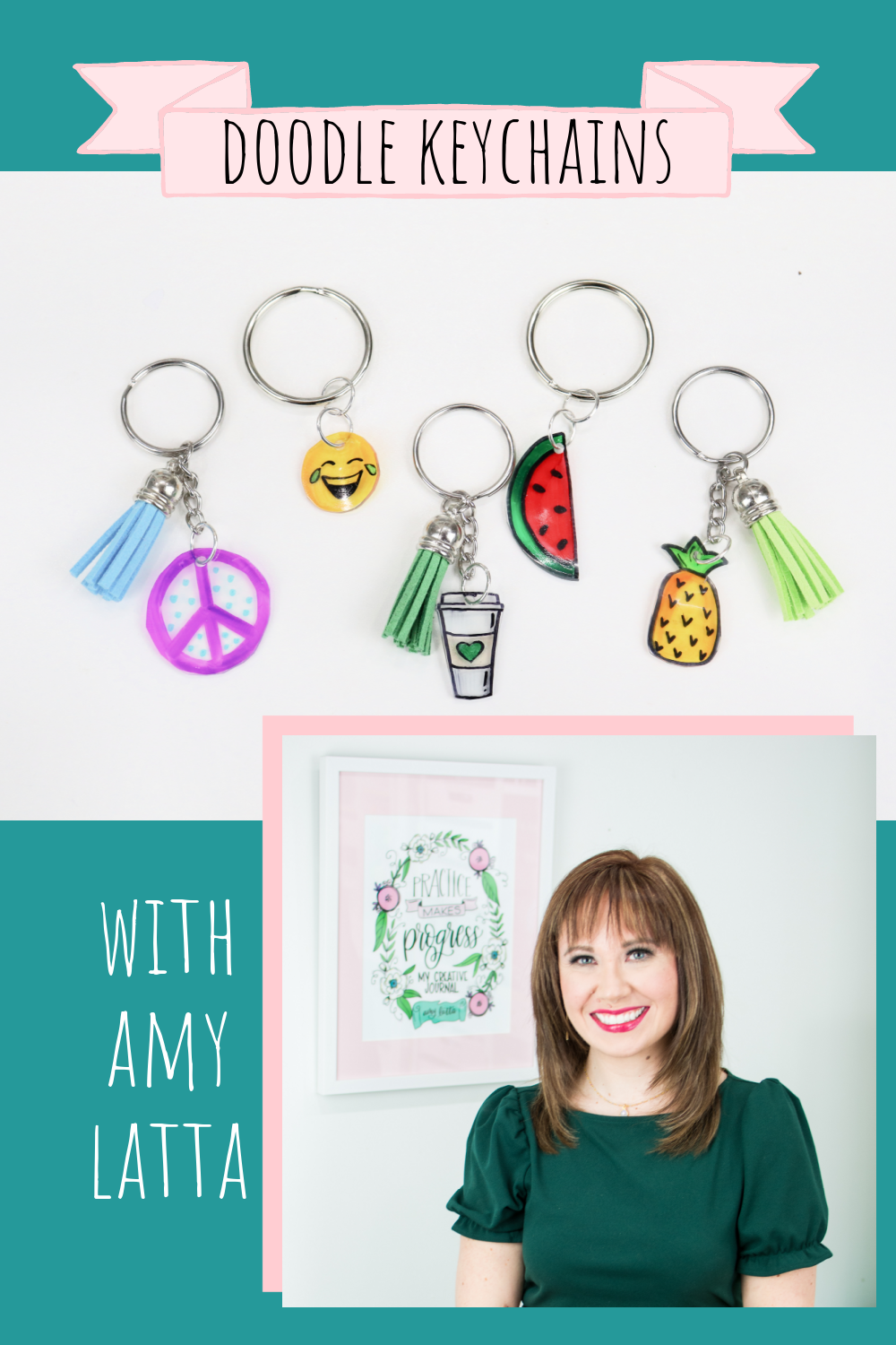 Image is a graphic for Pinterest with five keychains containing doodled charms and a photo of Amy.