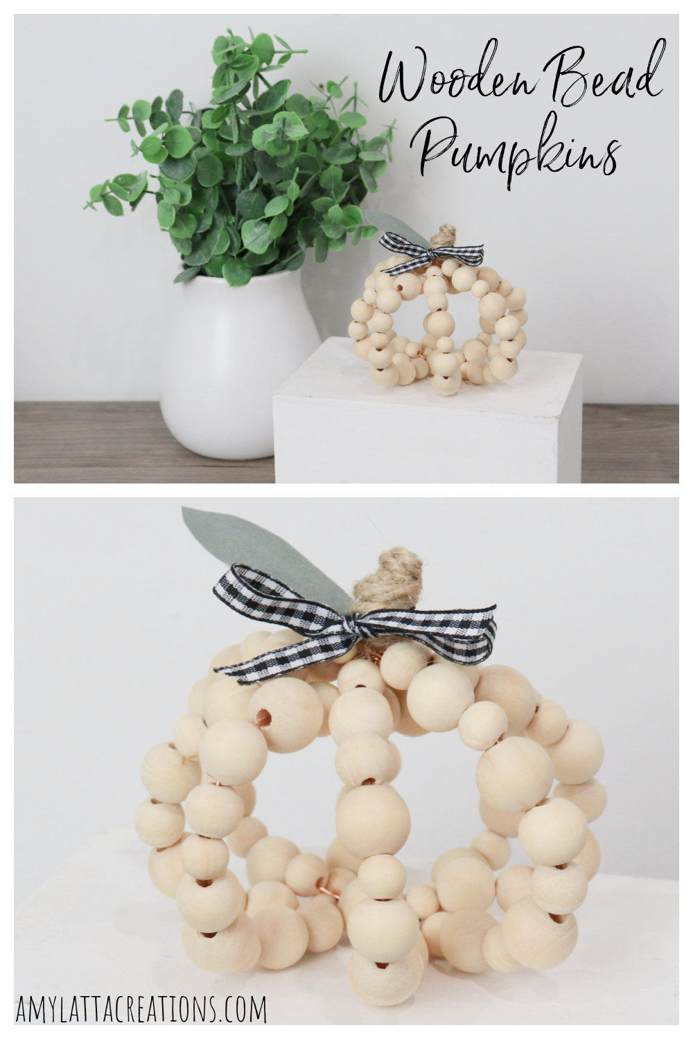 Image is a collage of wooden bead pumpkins for Pinterest.