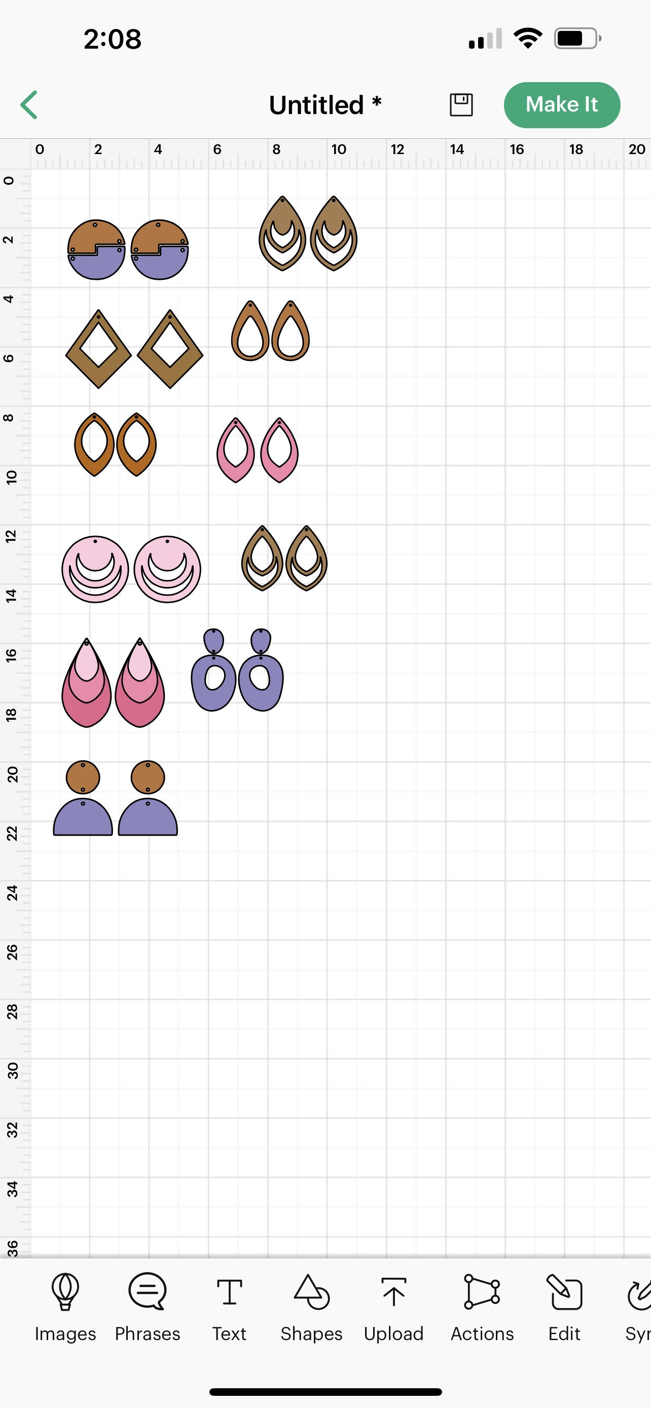 Image is a screenshot from Cricut Design Space showing cut files for 11 pairs of earrings on a canvas.
