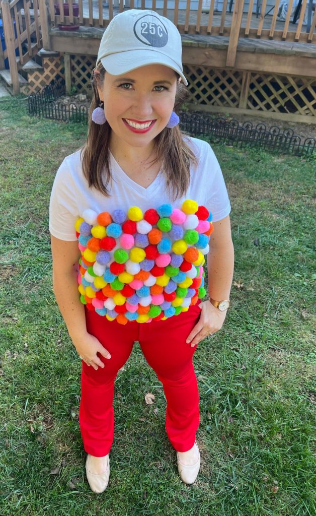 Image contains a woman wearing a DIY gumball machine costume.