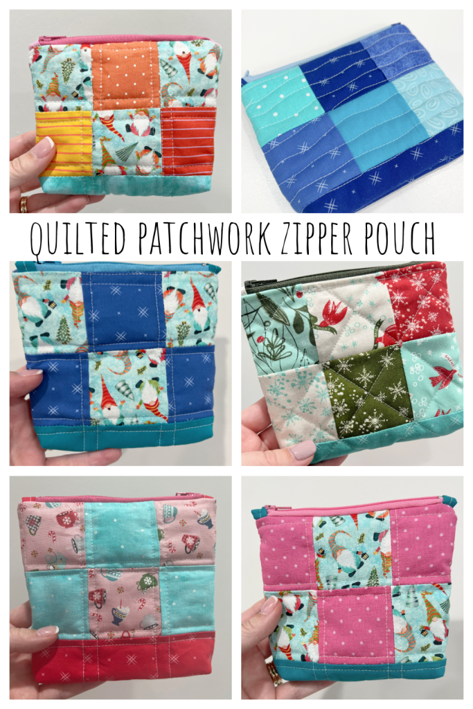 Image is a collage of colorful quilted zipper pouches for Pinterest.