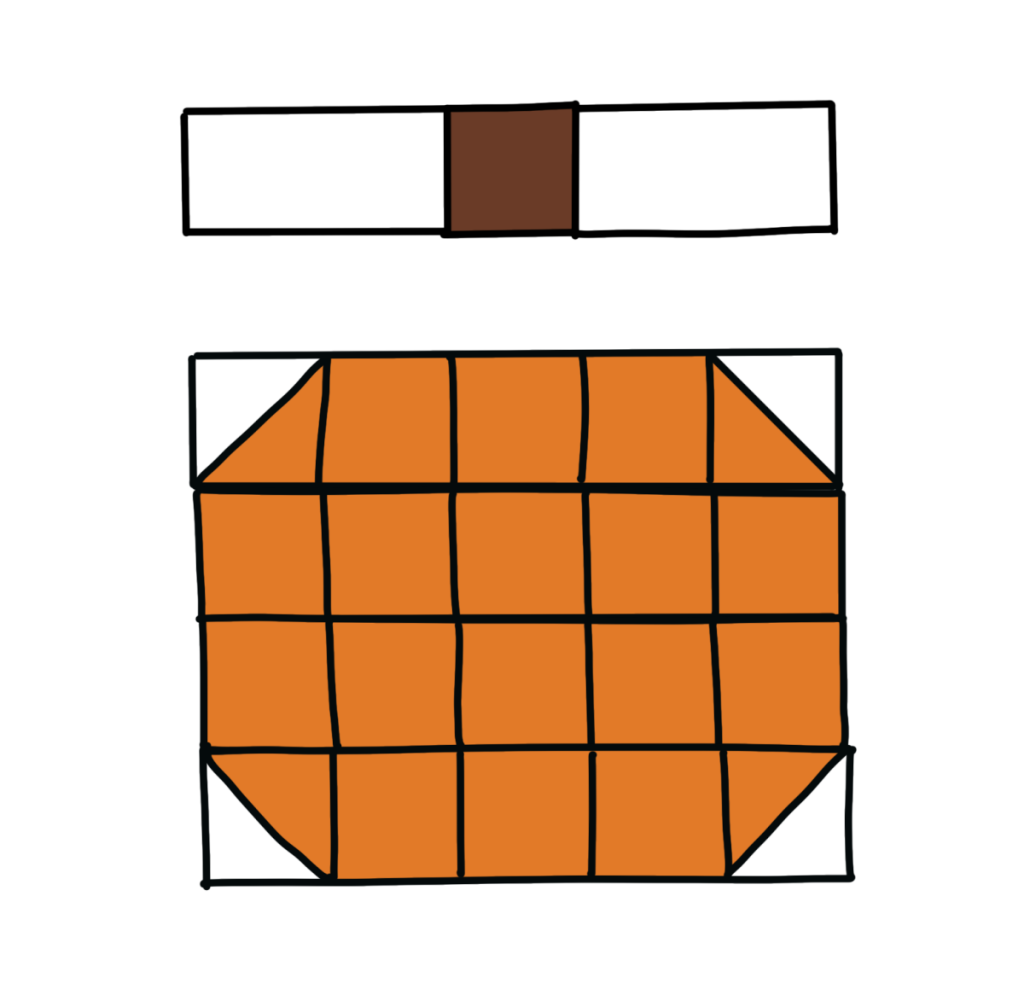 Image is an illustration of the sewn quilt block plus a strip with two white rectangles sewn together with a brown square in the center.