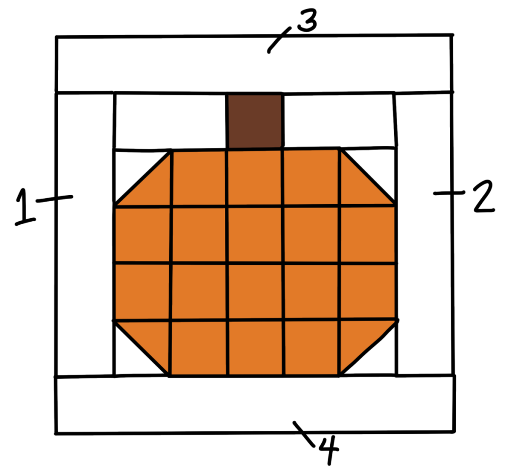 Image is a drawing of the pumpkin quilt block with white sashing around the sides.
