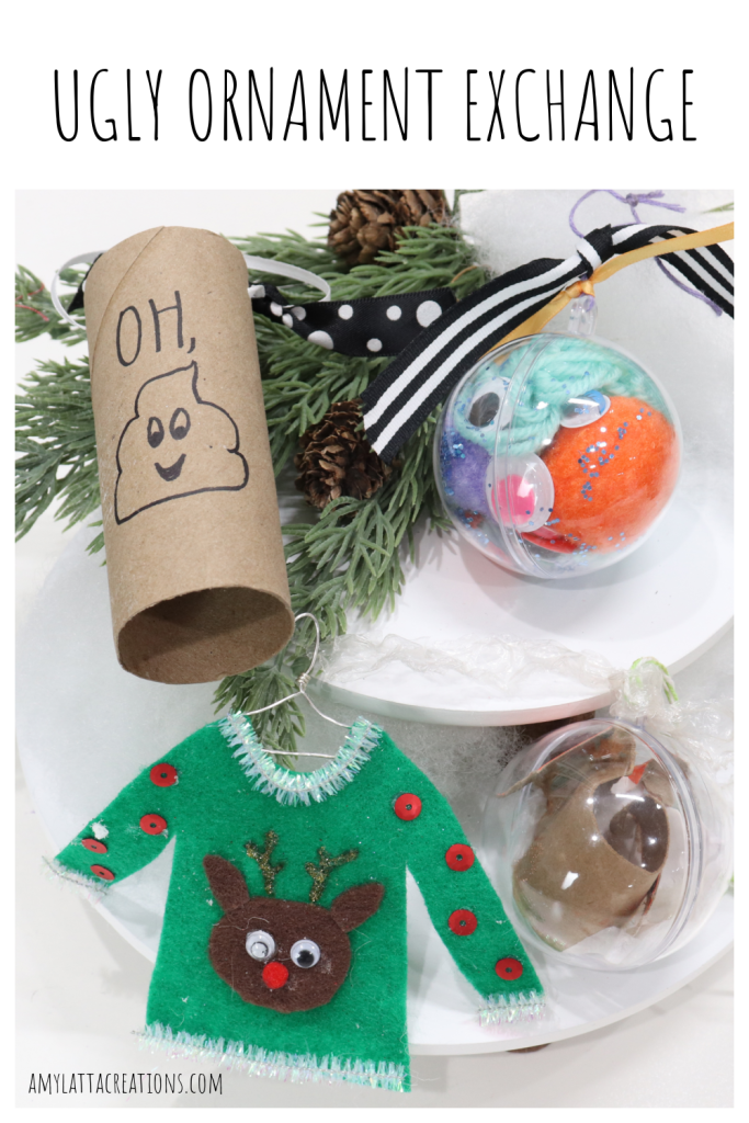Image contains four DIY "ugly ornaments"; a toilet paper roll, an ornament filled with assorted random craft supplies, a felt ugly sweater, and a plastic ball filled with trash.