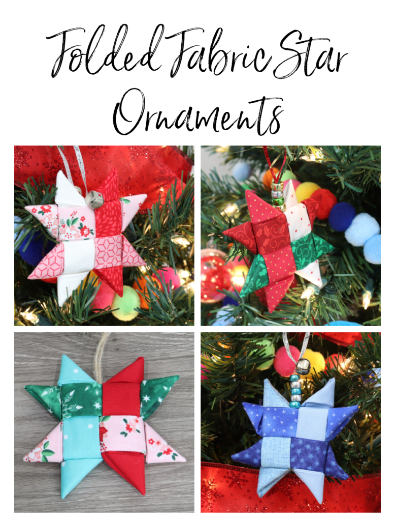 Image contains four star ornaments made of fabric in a variety of color combinations, for Pinterest.