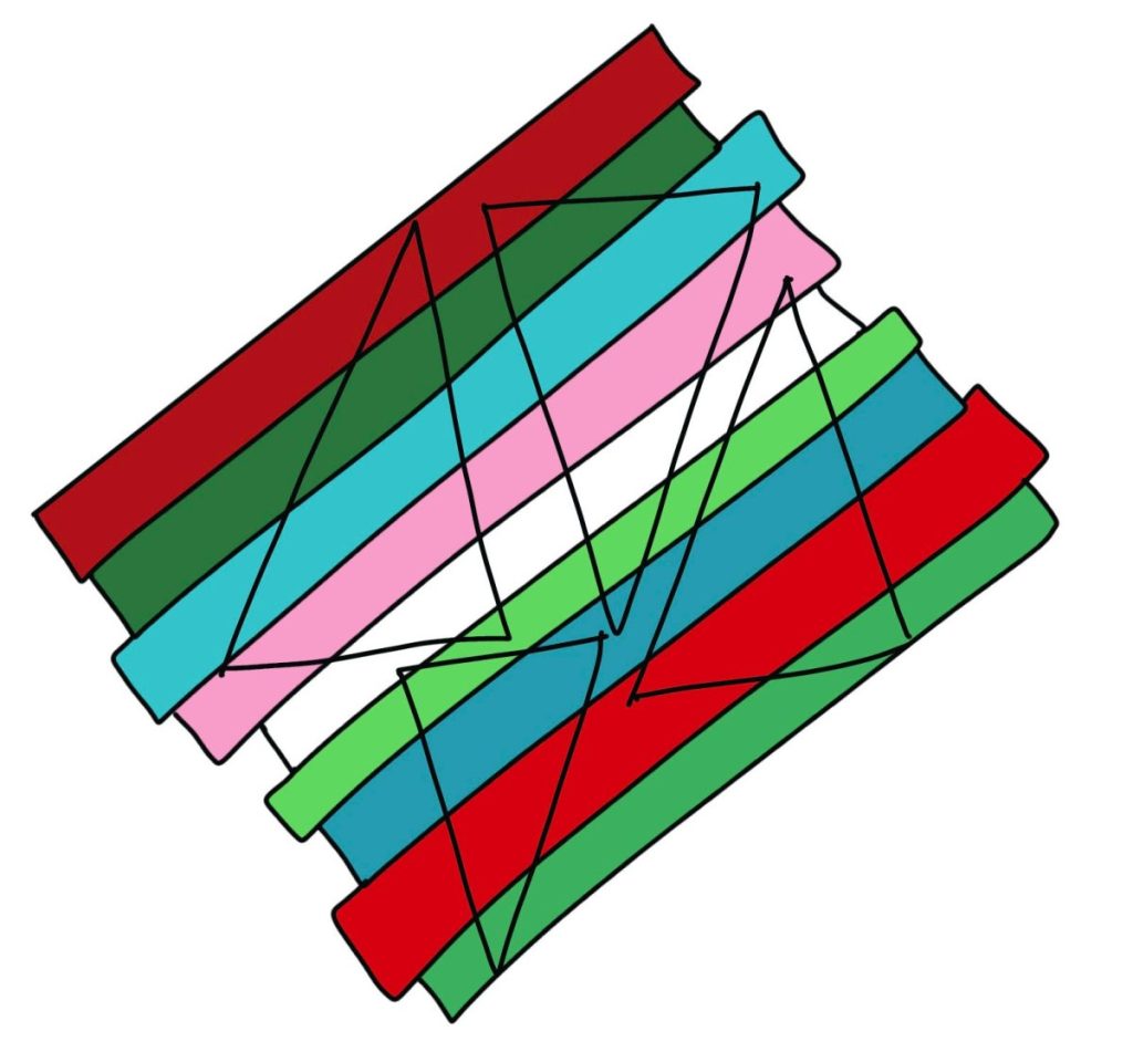 Image is an illustration of the fabric strips sewn together, rotated 45 degrees, and triangle shapes sketched on top.